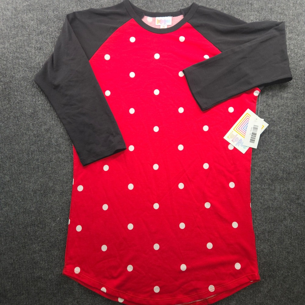 LuLaRoe Randy XS Baseball Tee Red‎ Polka Dot Black Raglan Minnie Mouse Inspired